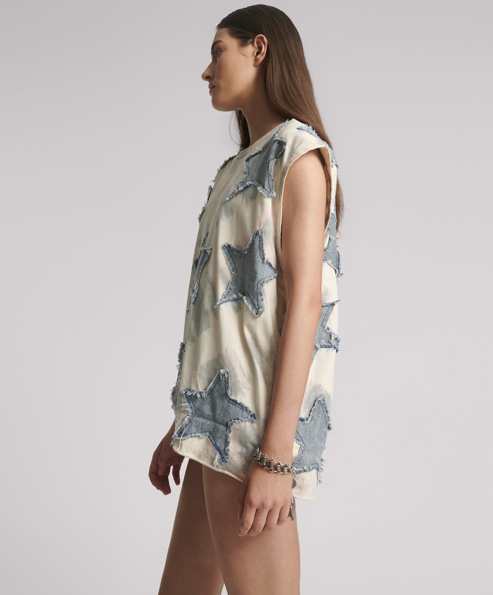 Products Denim Star Tie Dye Oversized Tank Top - Ivory / Blue