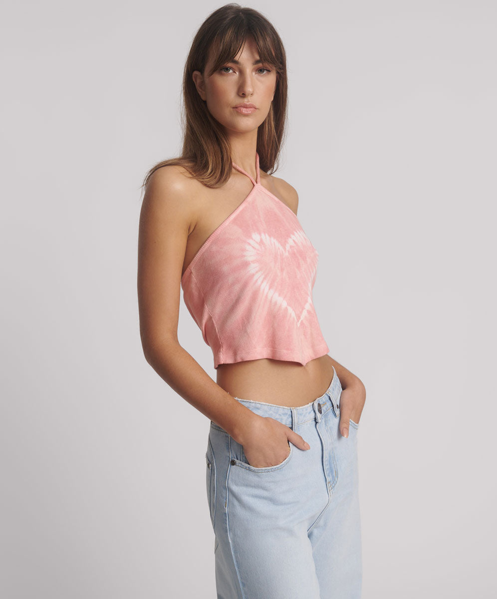 Tie Dye Heart Cropped Halter Neck Top - Pink | One Teaspoon