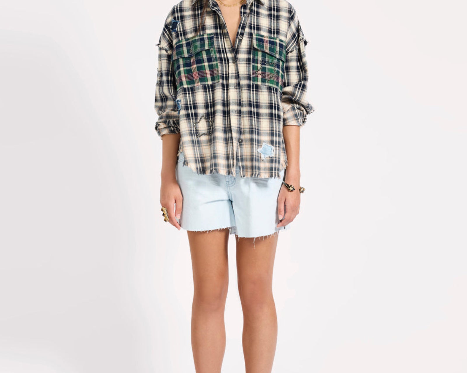 Flannel Star Studded Shirt - Cream Blue Check