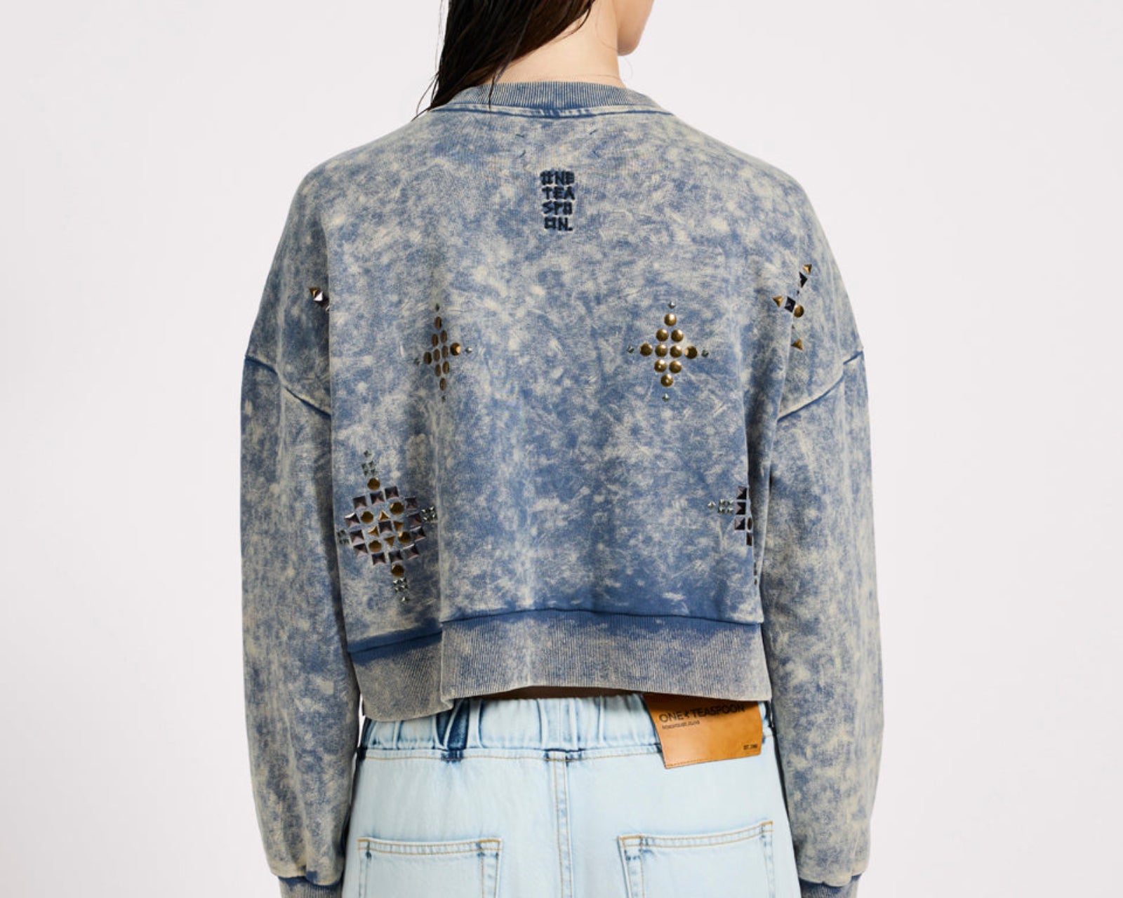 Fleece Cropped Star Studded Sweater - Acid Wash Blue