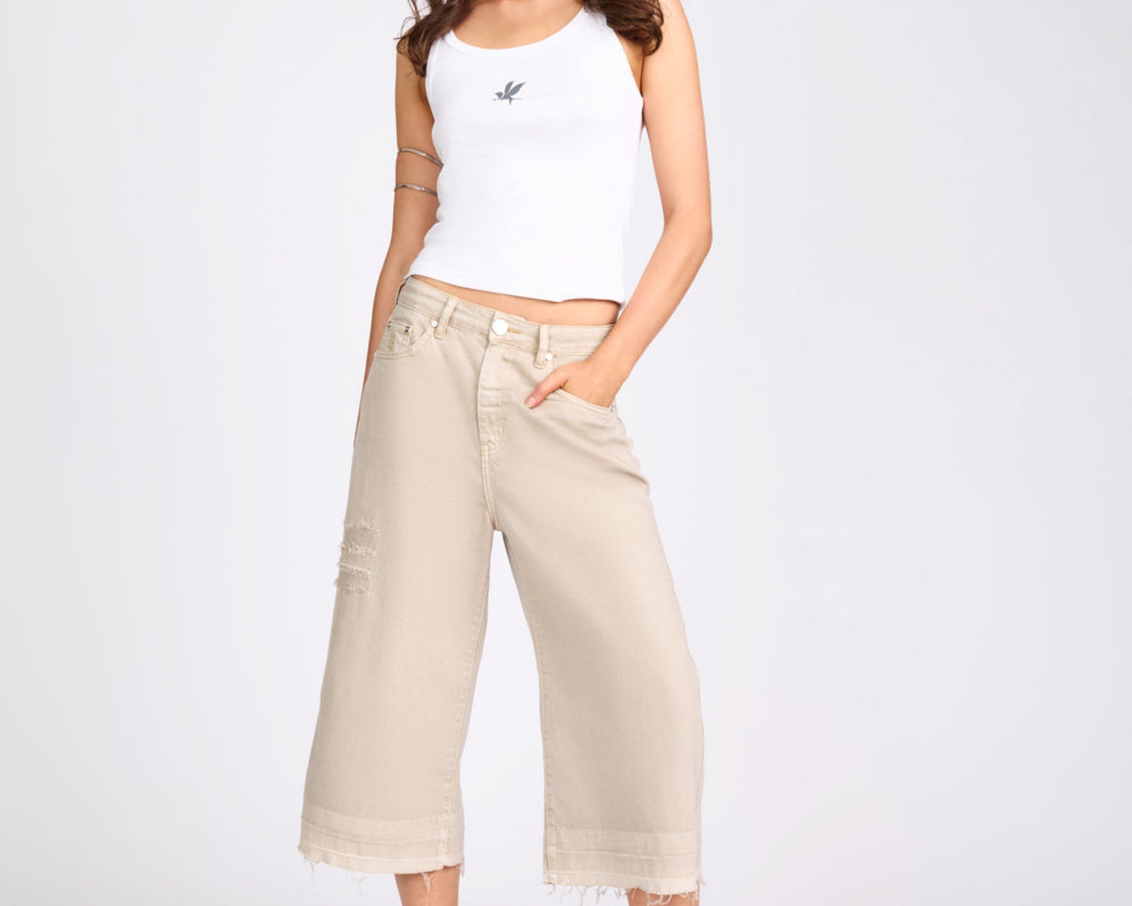 720'S Mid Waist Super Long Length Denim Jorts - Stone