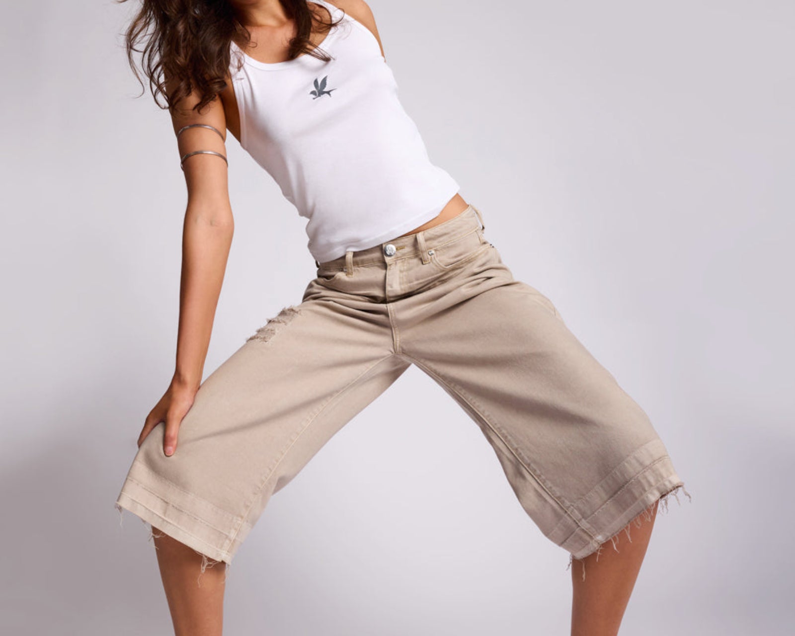 720'S Mid Waist Super Long Length Denim Jorts - Stone