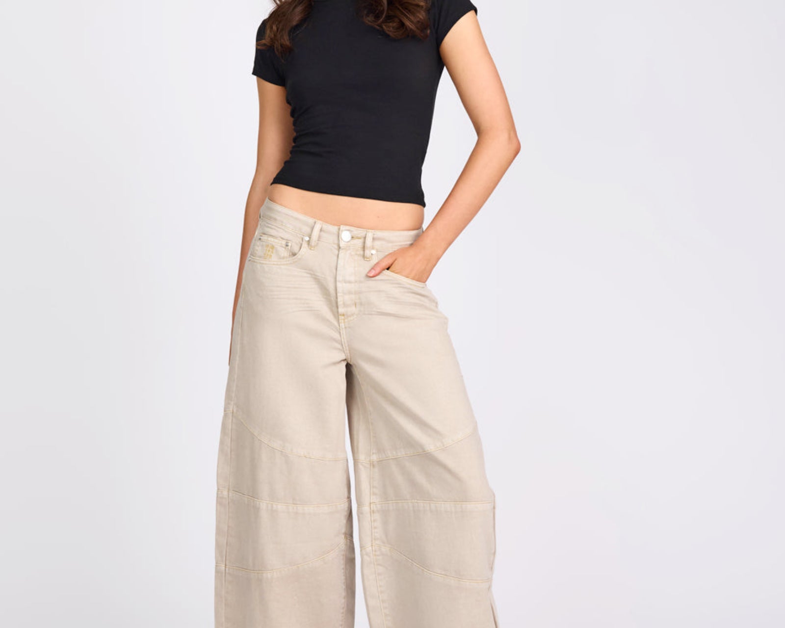 Barrel Mid Waist Wide Leg Denim Jeans - Stone