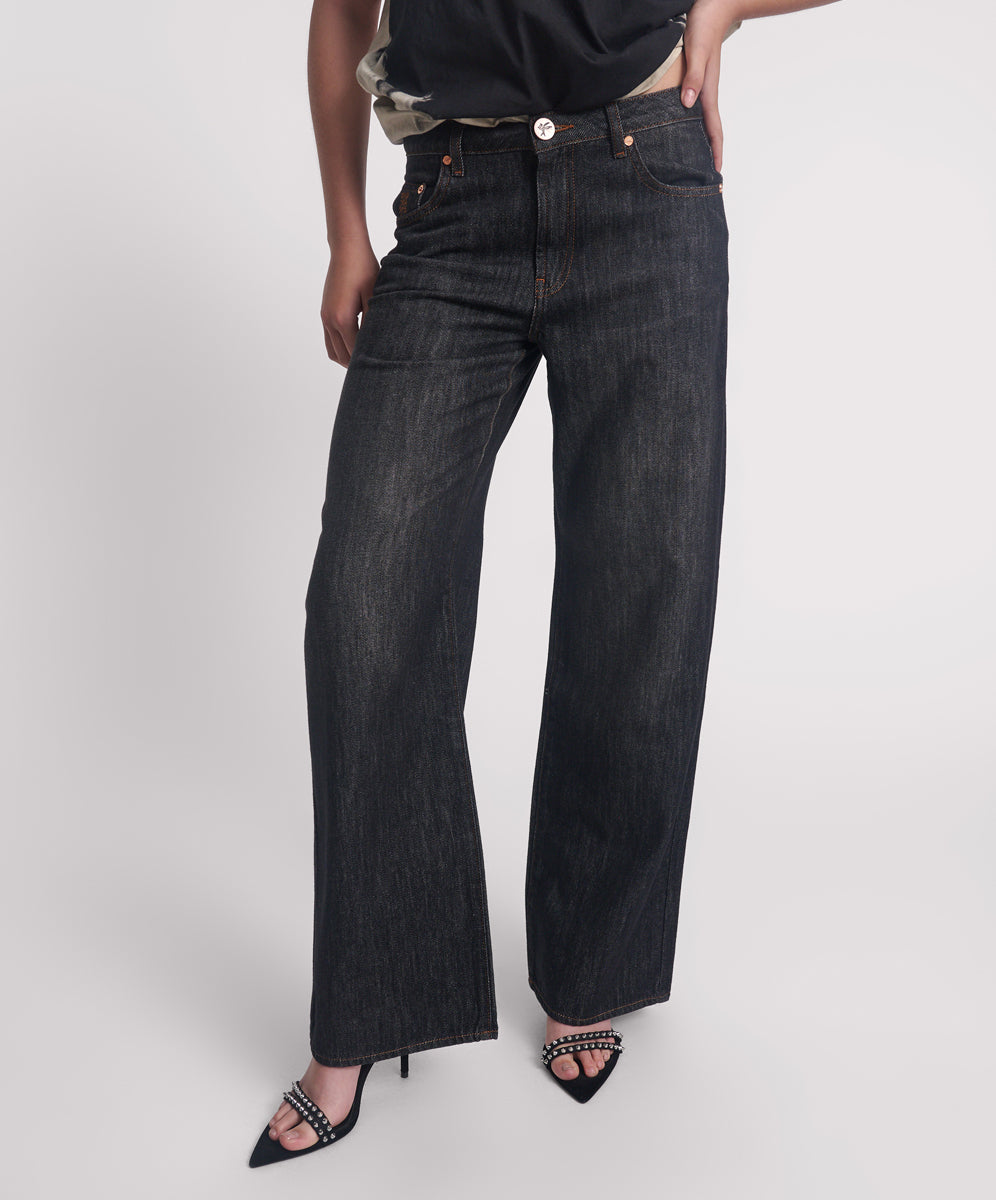 Outlet Jackson Mid Waist Wide Leg Denim Jeans - Raw Black