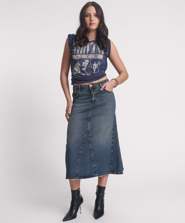 Cruiser Mid Waist Midi Denim Skirt - Colorado Blue
