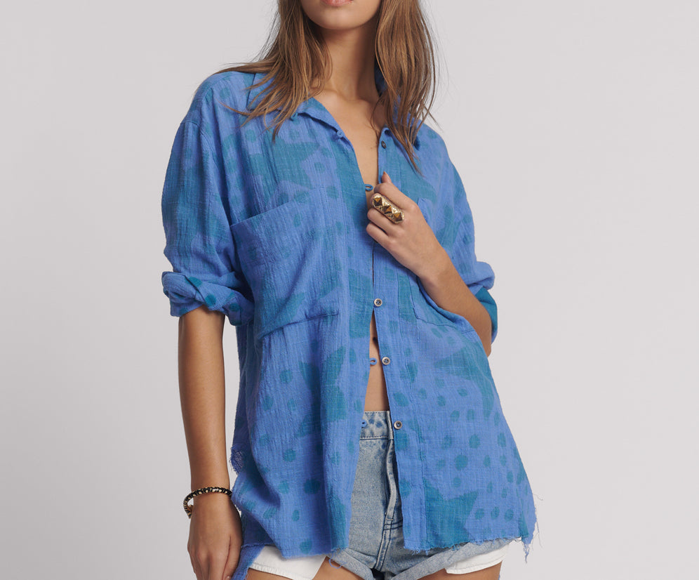 Polka Star Hand Print Muslin Longline Shirt - Blue