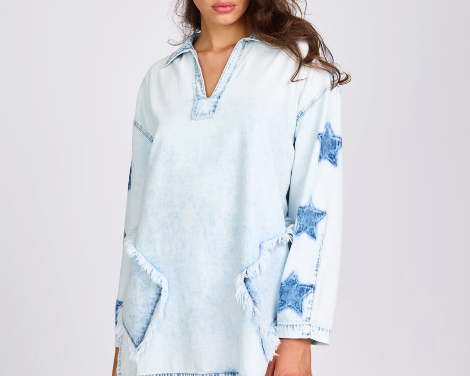 Le Captain Star Pullover Denim Mini Shirt Dress - Depeche Blue