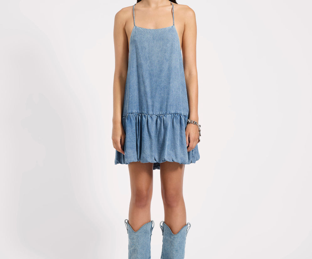 Tencel Bubble Hem Mini Slip Dress - Washed Blue