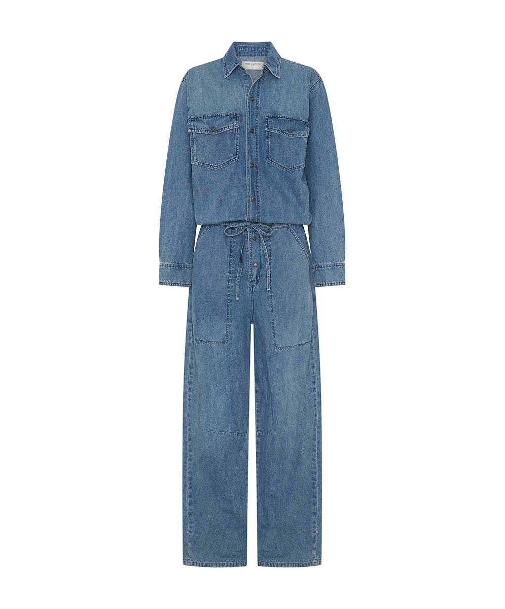Izzy Drawstring Boiler Denim Jumpsuit - Salty Dog Blue