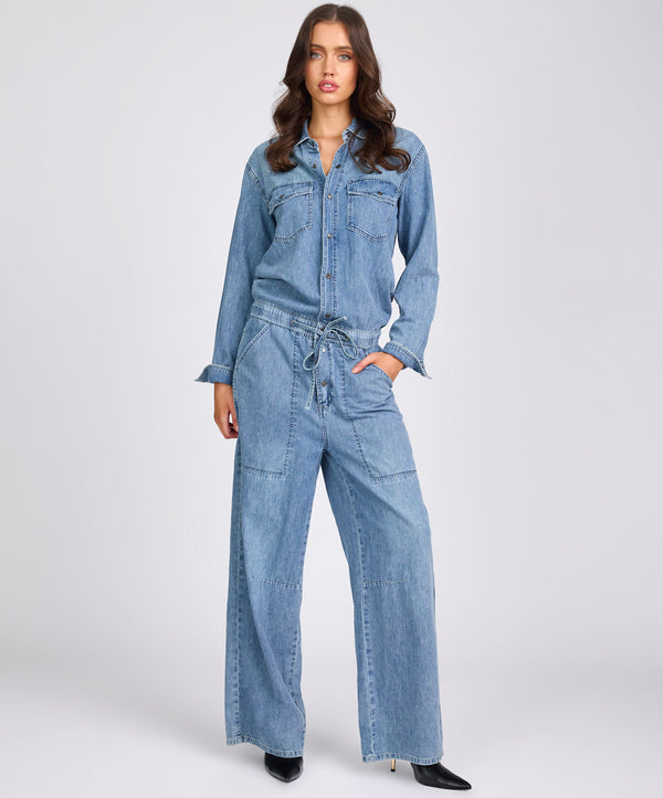 Izzy Drawstring Boiler Denim Jumpsuit - Salty Dog Blue