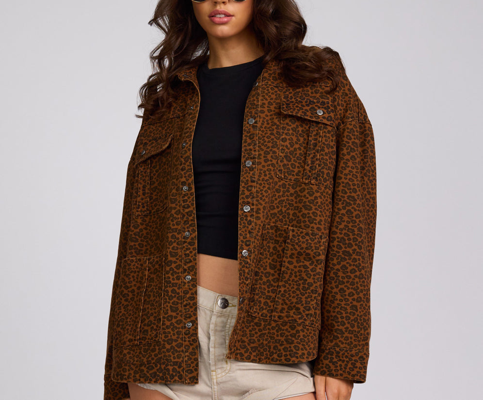 Longline Denim Jacket - Cheetah Print