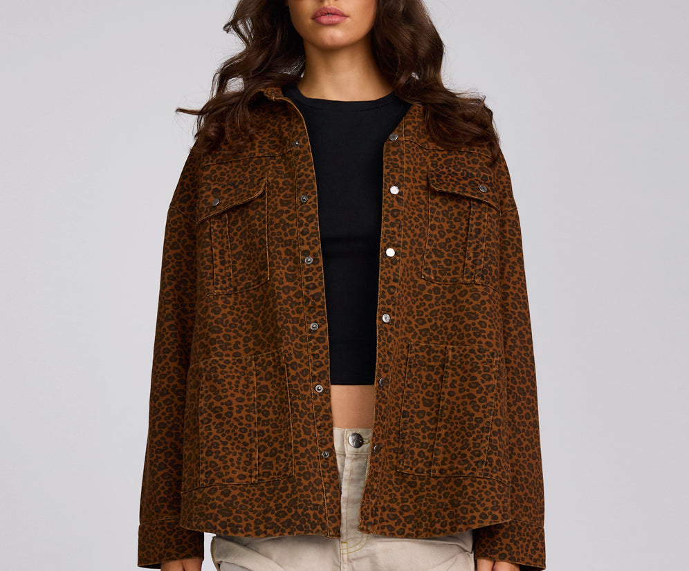 Longline Denim Jacket - Cheetah Print