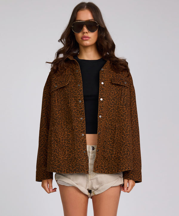 Longline Denim Jacket - Cheetah Print