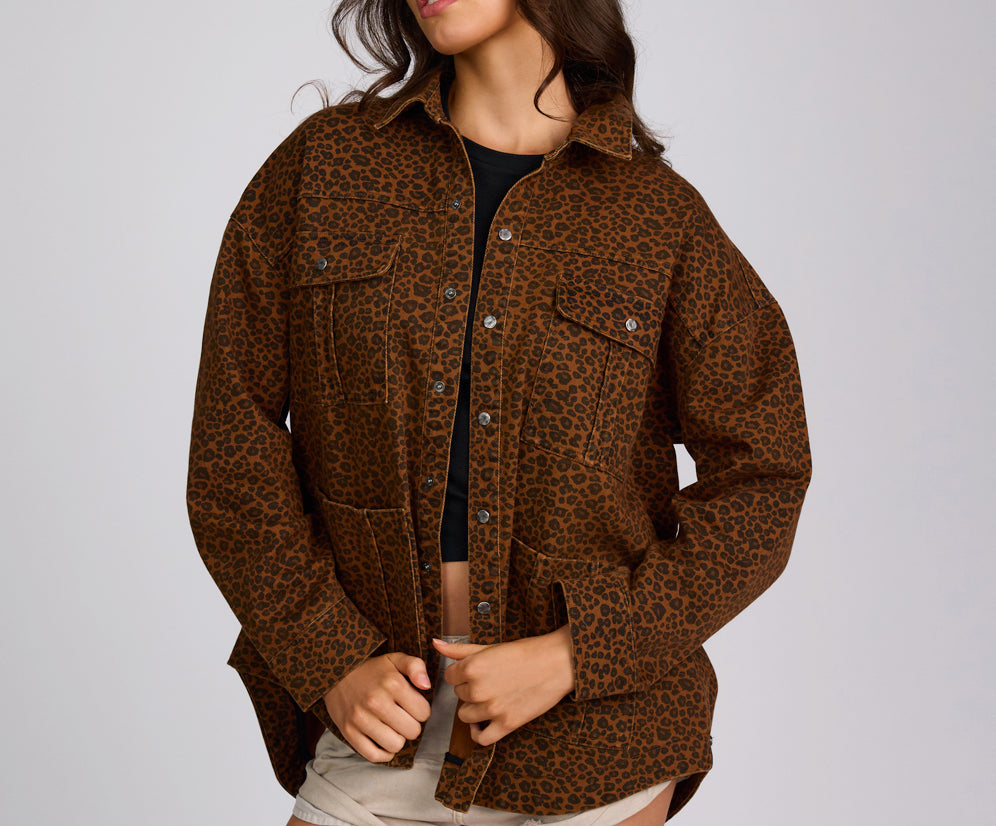 Longline Denim Jacket - Cheetah Print