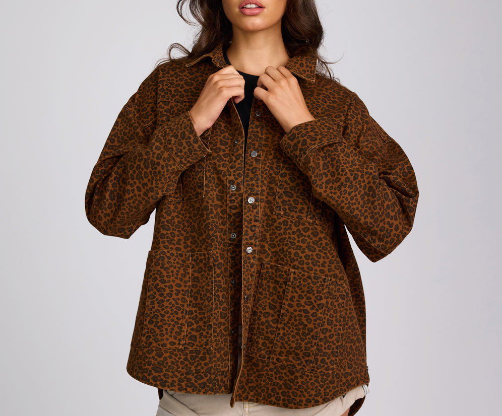 Longline Denim Jacket - Cheetah Print