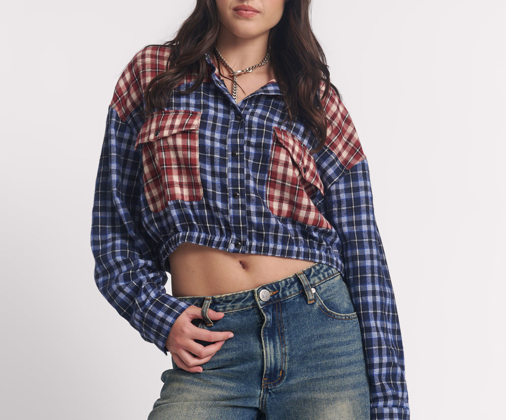 Flannel Bubble Hem Cropped Shirt - Navy Check
