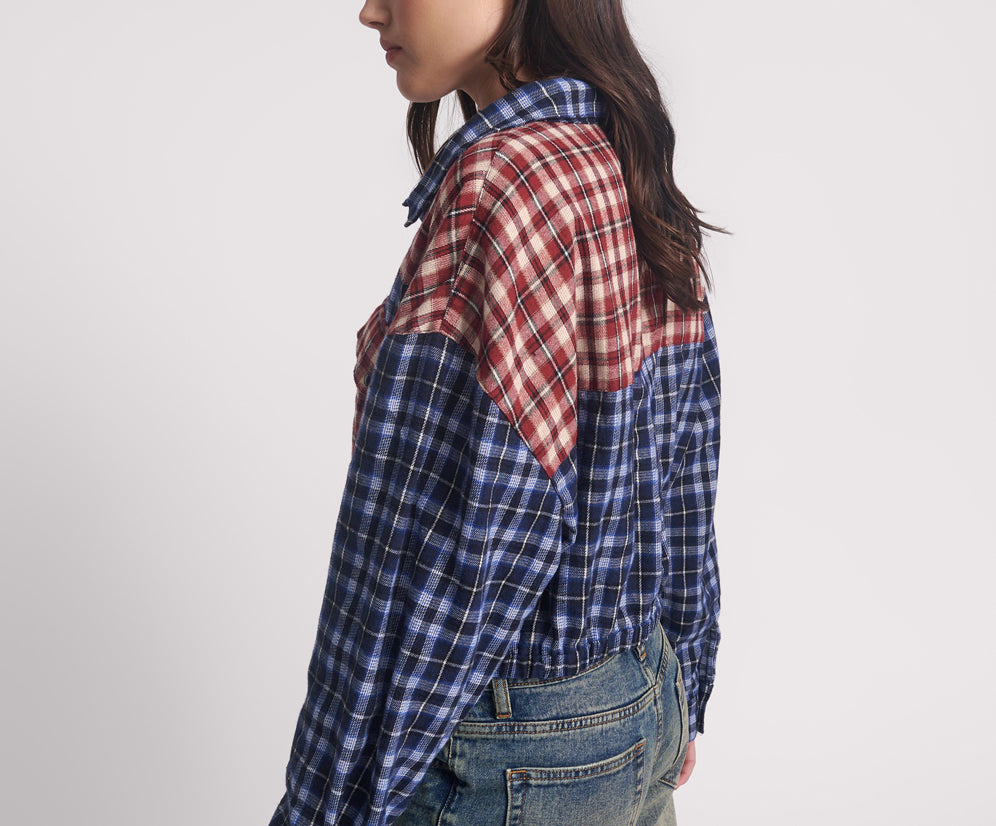 Flannel Bubble Hem Cropped Shirt - Navy Check
