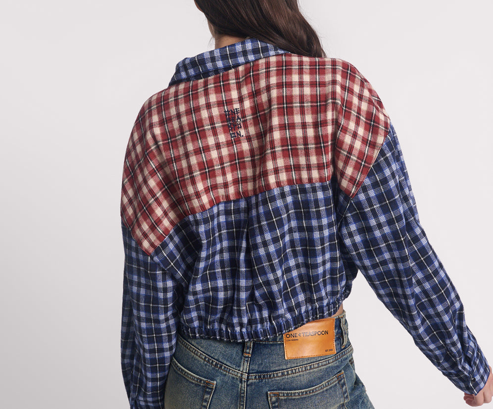 Flannel Bubble Hem Cropped Shirt - Navy Check