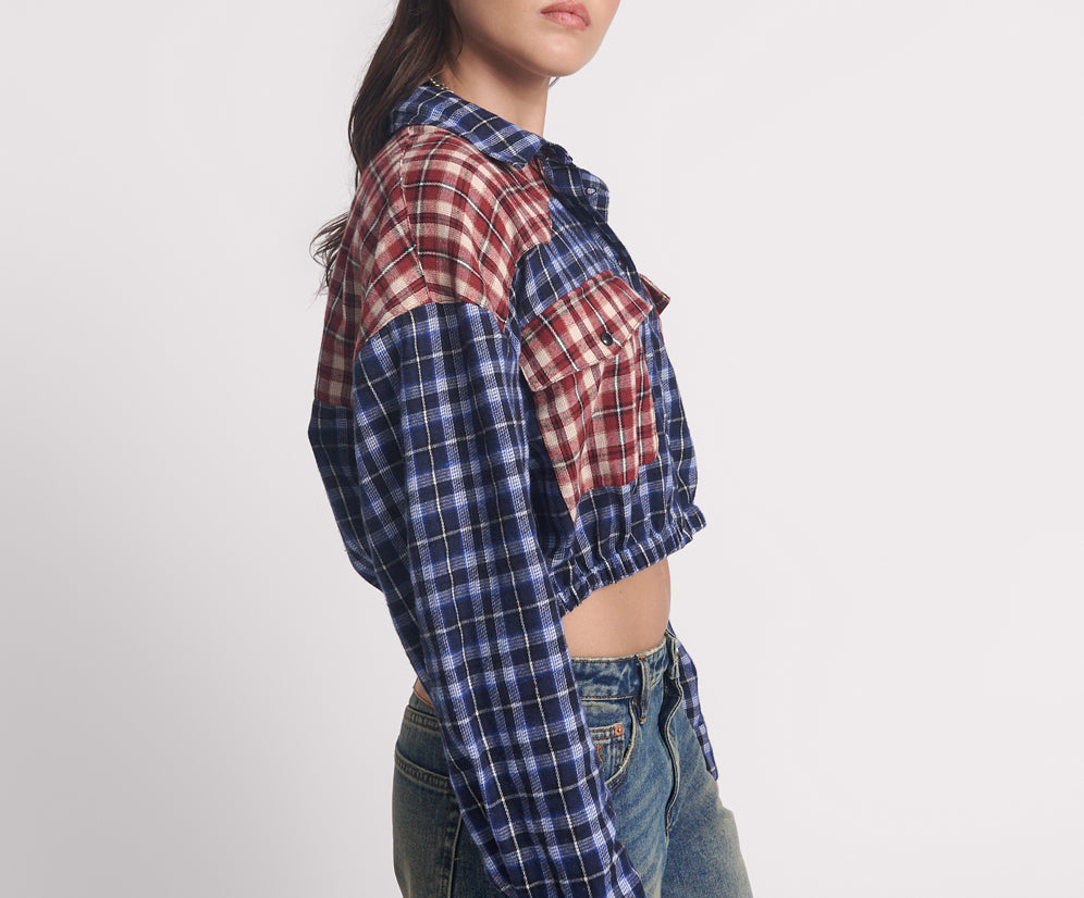 Flannel Bubble Hem Cropped Shirt - Navy Check
