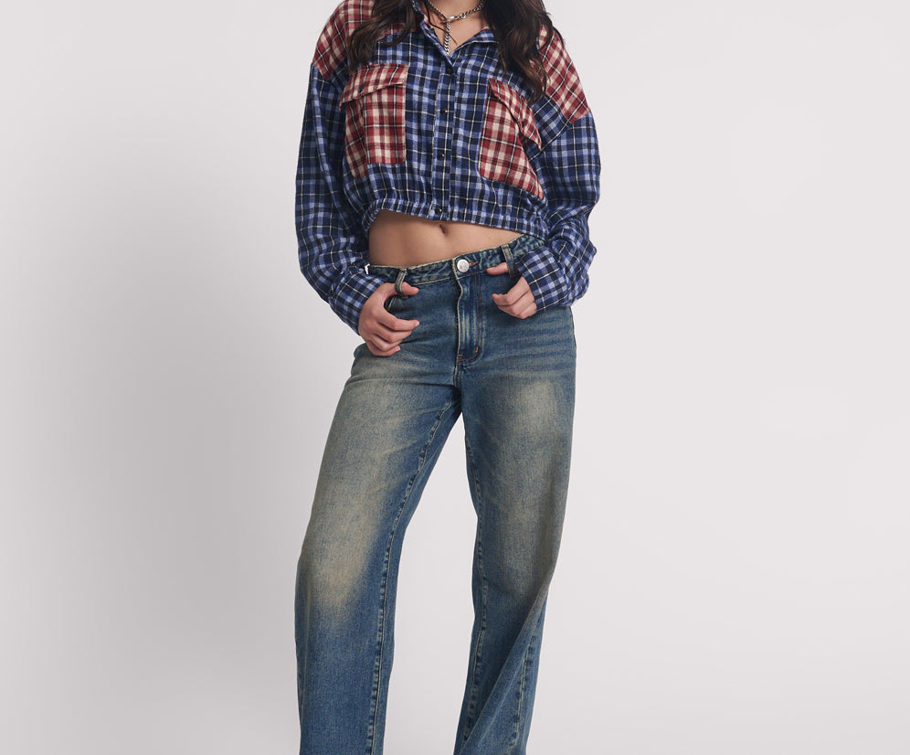 Flannel Bubble Hem Cropped Shirt - Navy Check