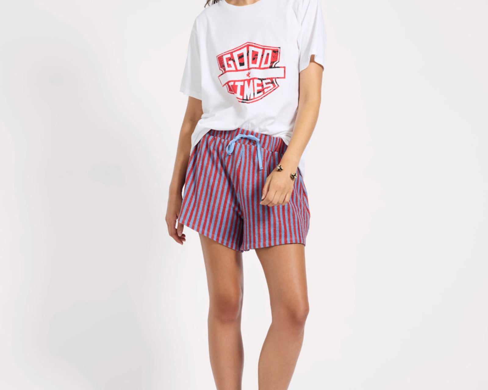 Terry Towel Drawstring Beach Shorts - Red Blue Striped