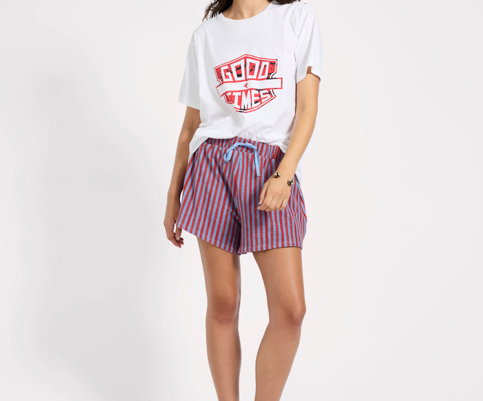 Terry Towel Drawstring Beach Shorts - Red Blue Striped