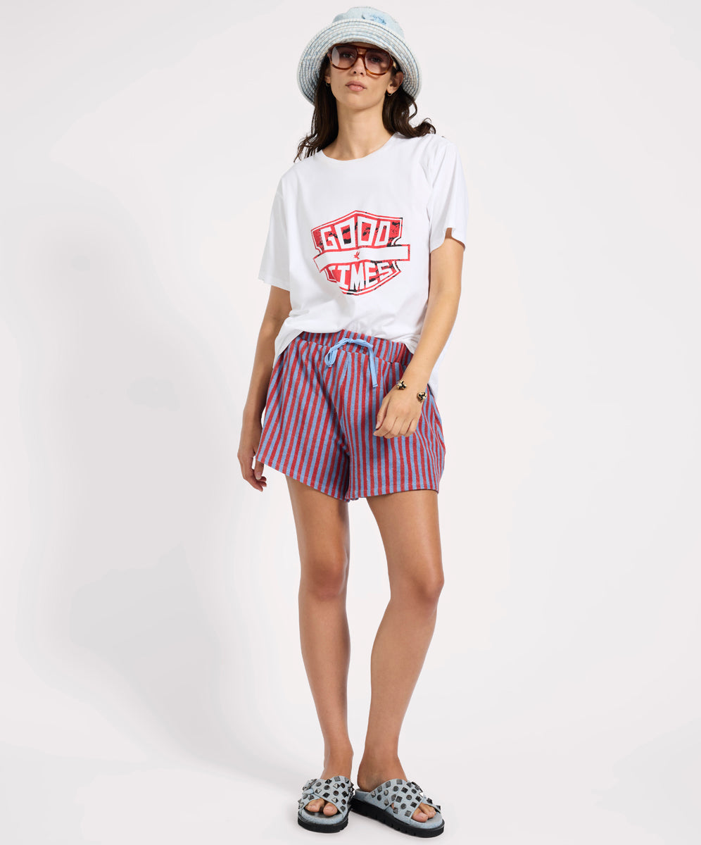 In Stock Terry Towel Drawstring Beach Shorts - Red Blue Striped