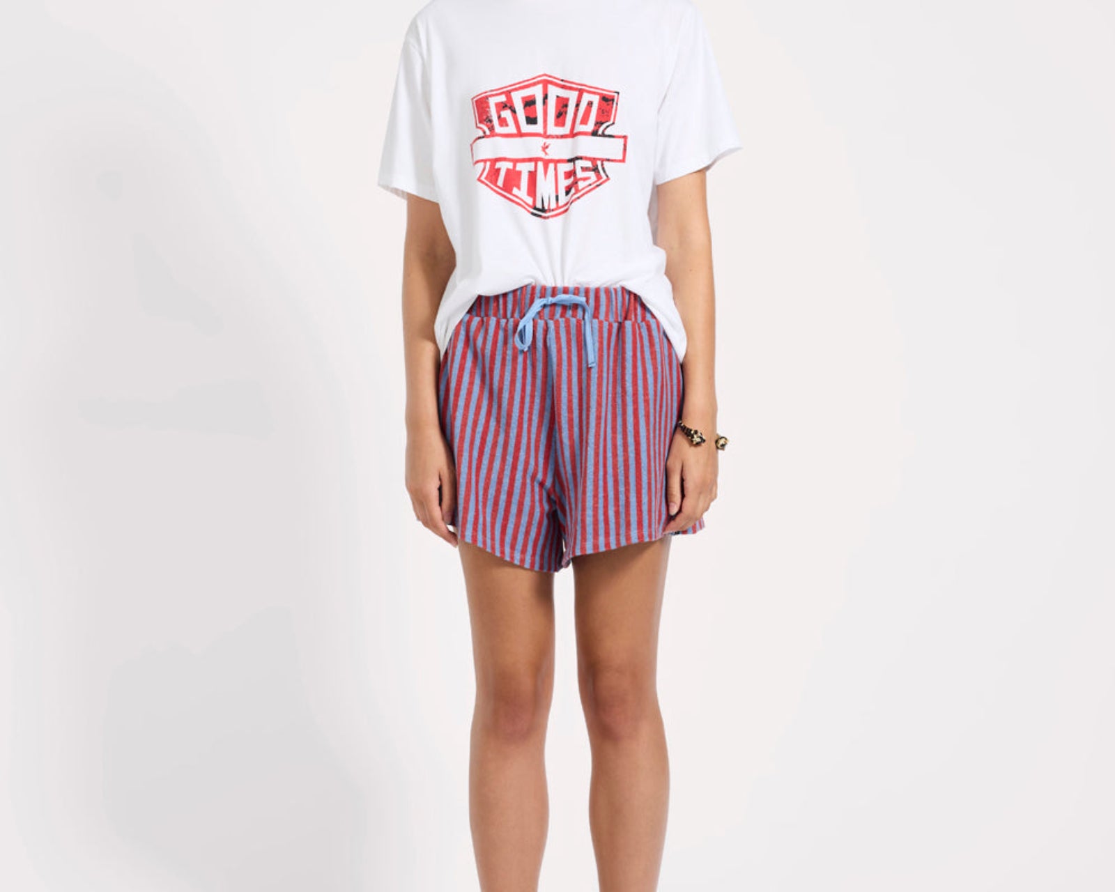Terry Towel Drawstring Beach Shorts - Red Blue Striped