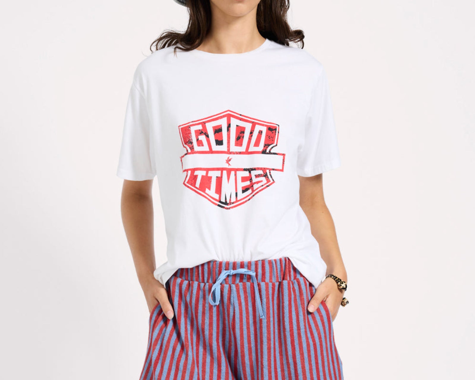 Terry Towel Drawstring Beach Shorts - Red Blue Striped