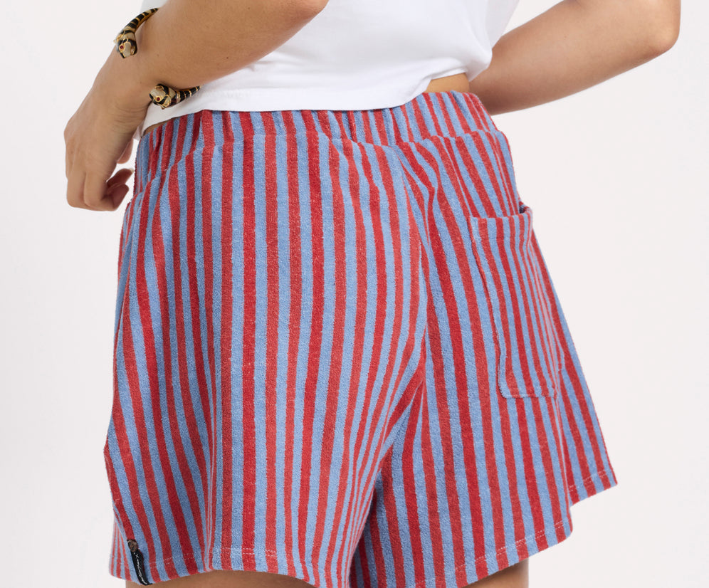 Terry Towel Drawstring Beach Shorts - Red Blue Striped