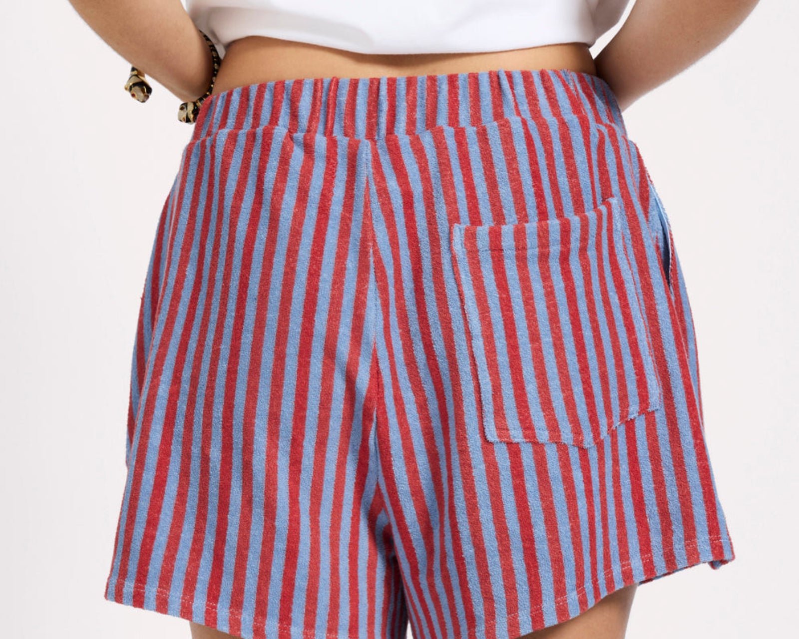 Terry Towel Drawstring Beach Shorts - Red Blue Striped