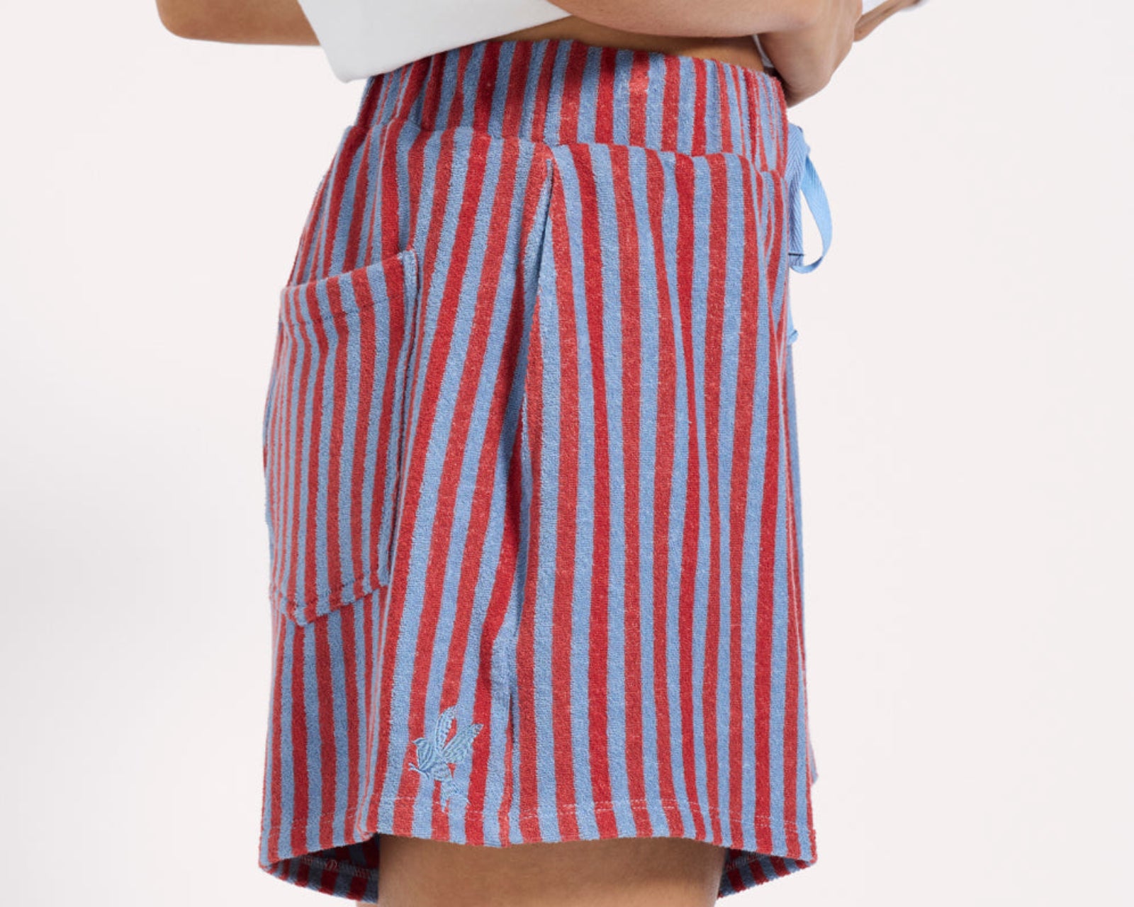 Terry Towel Drawstring Beach Shorts - Red Blue Striped