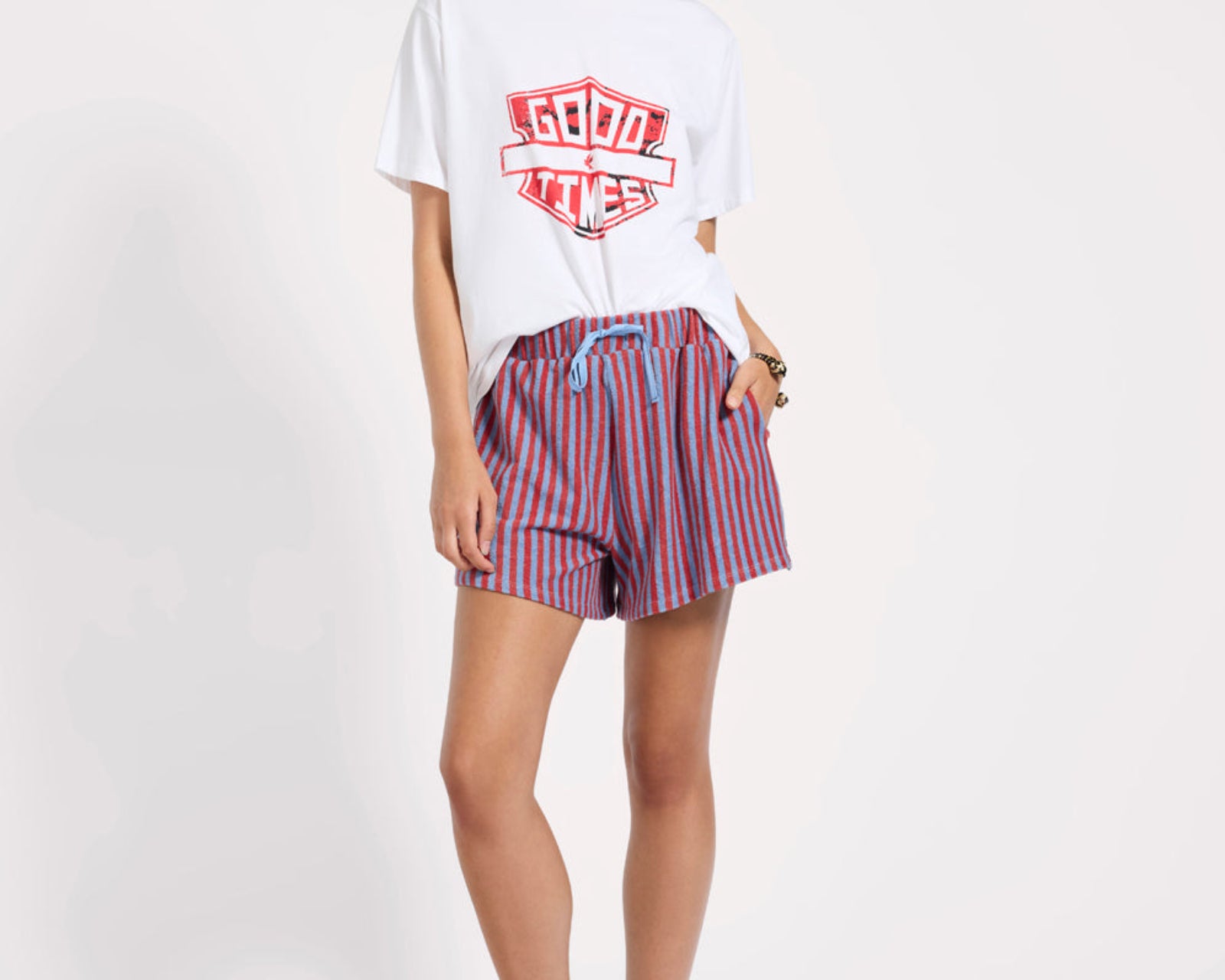 Terry Towel Drawstring Beach Shorts - Red Blue Striped