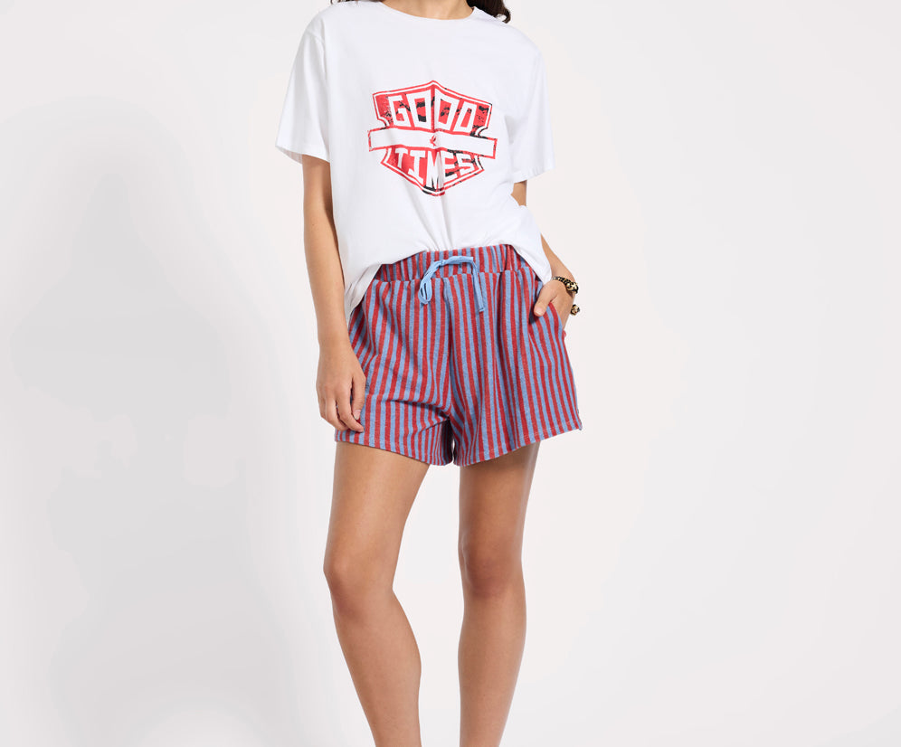 Terry Towel Drawstring Beach Shorts - Red Blue Striped