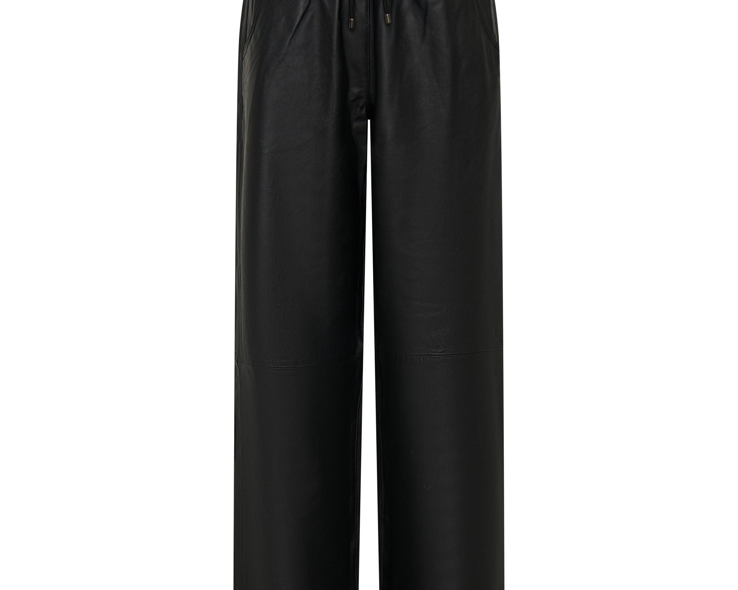 Roadhouse Mid Waist Wide Leg Drawstring Leather Pants - Black