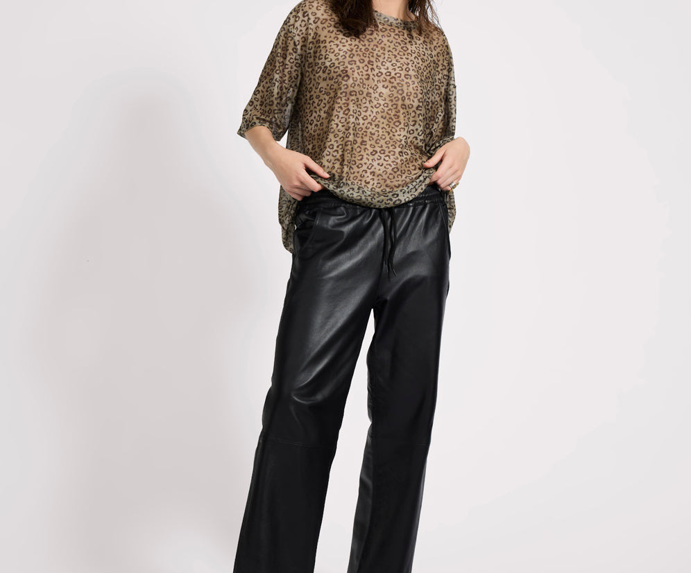 Roadhouse Mid Waist Wide Leg Drawstring Leather Pants - Black