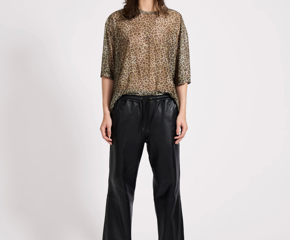 Roadhouse Mid Waist Wide Leg Drawstring Leather Pants - Black