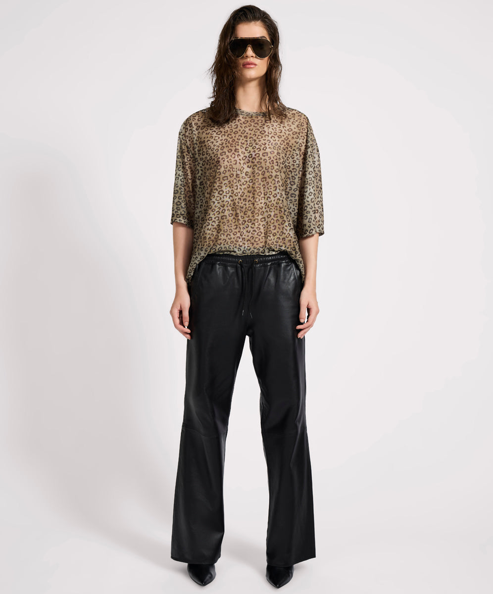  Roadhouse Mid Waist Wide Leg Drawstring Leather Pants - Black