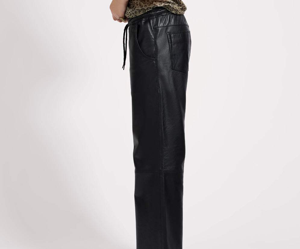 Roadhouse Mid Waist Wide Leg Drawstring Leather Pants - Black