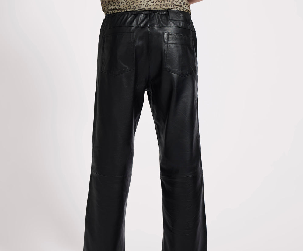 Roadhouse Mid Waist Wide Leg Drawstring Leather Pants - Black