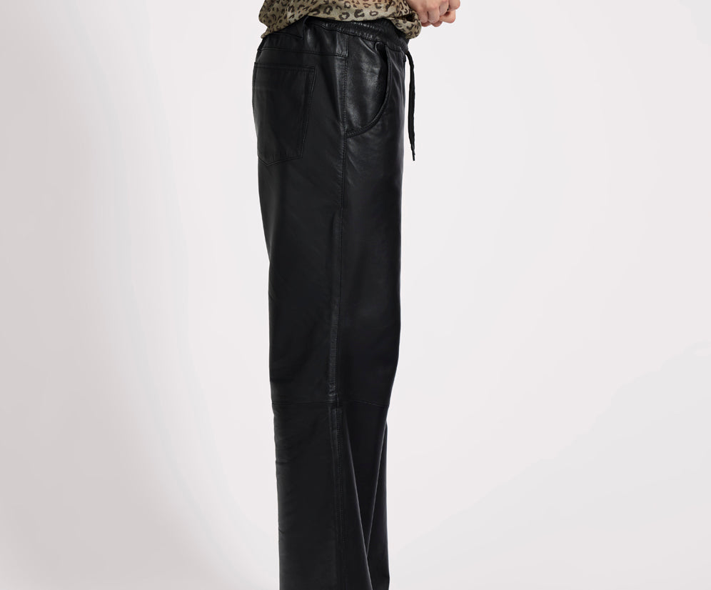 Roadhouse Mid Waist Wide Leg Drawstring Leather Pants - Black