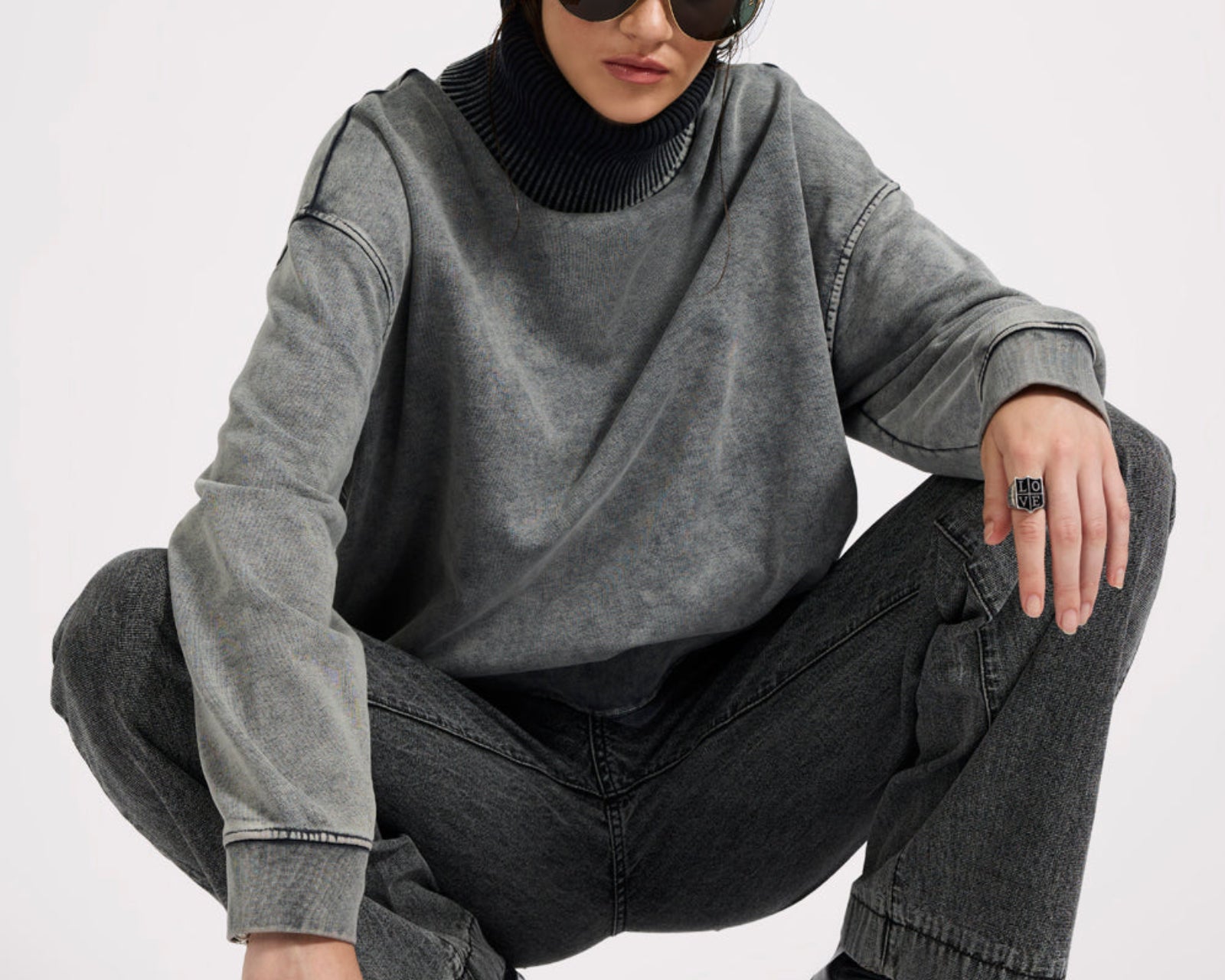 Fleece Roll Neck Sweater - Worn Black