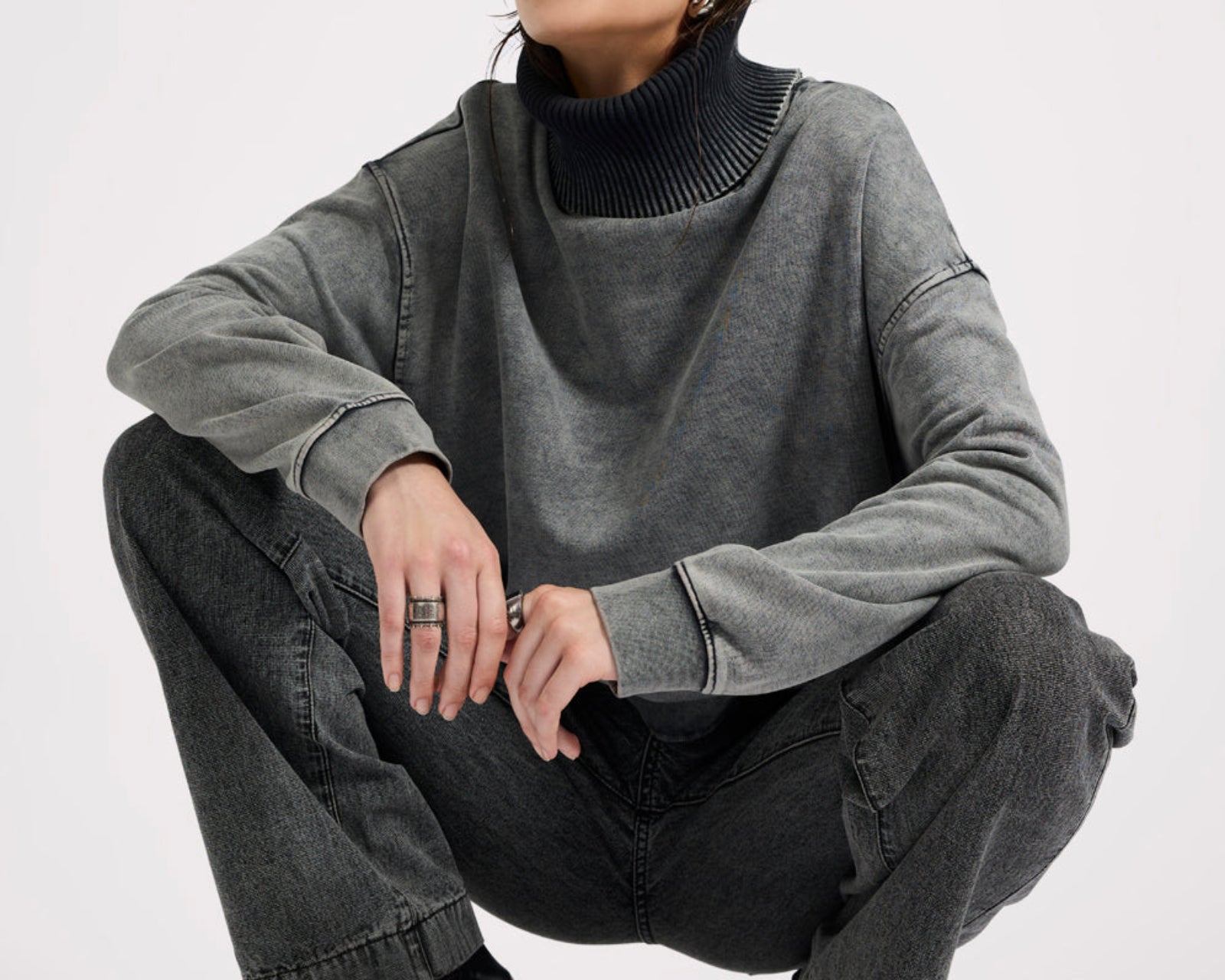 Fleece Roll Neck Sweater - Worn Black