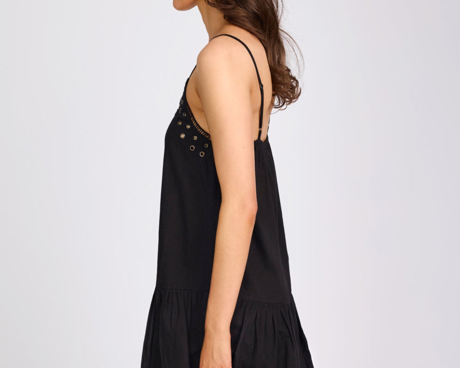 Eyelet Cotton Bubble Hem Mini Dress - Black