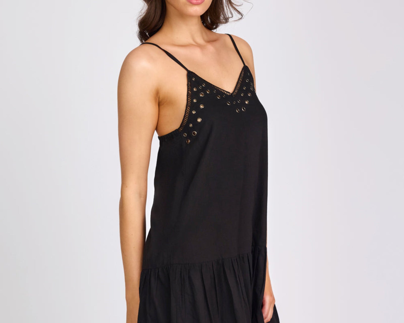 Eyelet Cotton Bubble Hem Mini Dress - Black