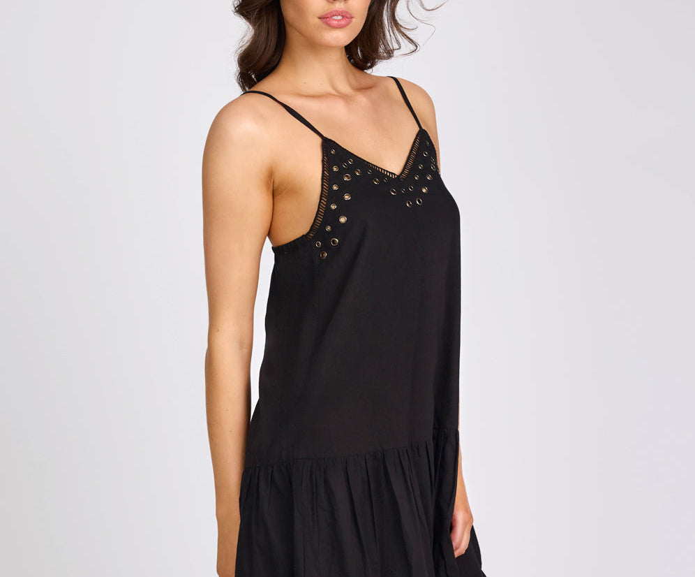 Eyelet Cotton Bubble Hem Mini Dress - Black