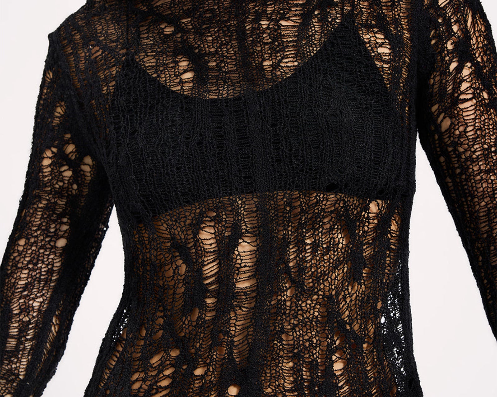 Cinched In Laddered Longsleeve Knit Top - Black