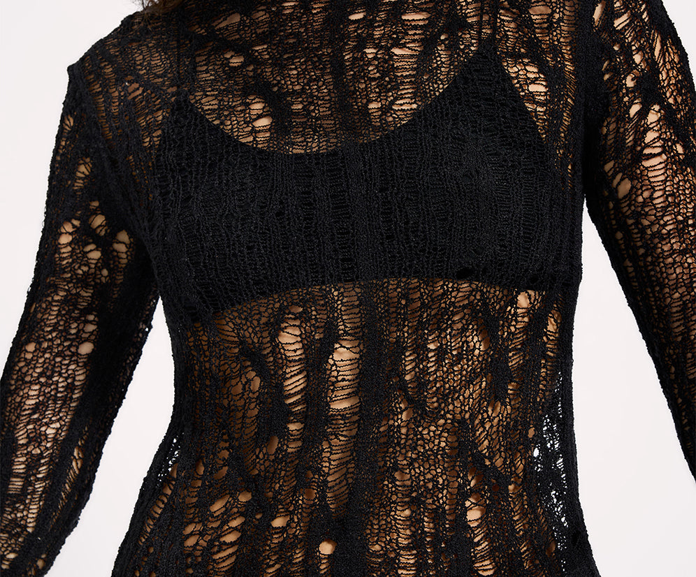 Cinched In Laddered Longsleeve Knit Top - Black