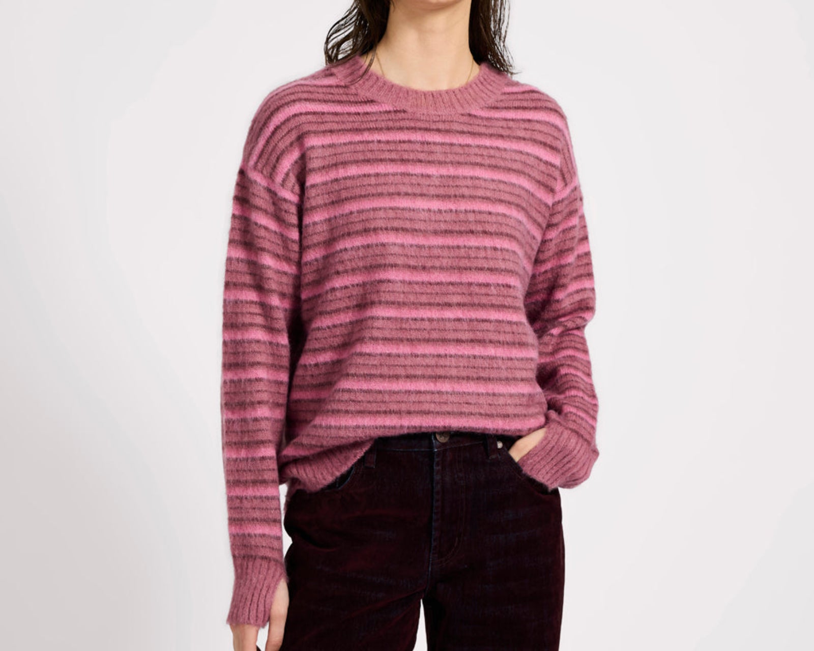 Striped Fluffy Mohair Knit Sweater - Pink Stripe