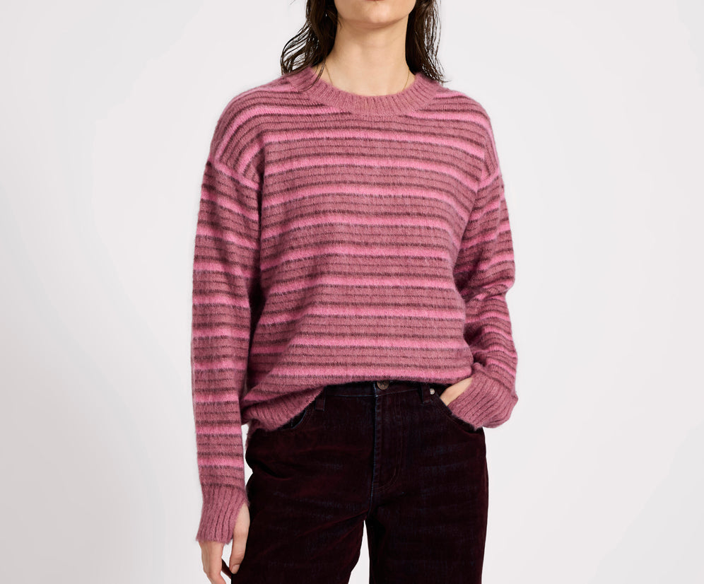 Striped Fluffy Mohair Knit Sweater - Pink Stripe